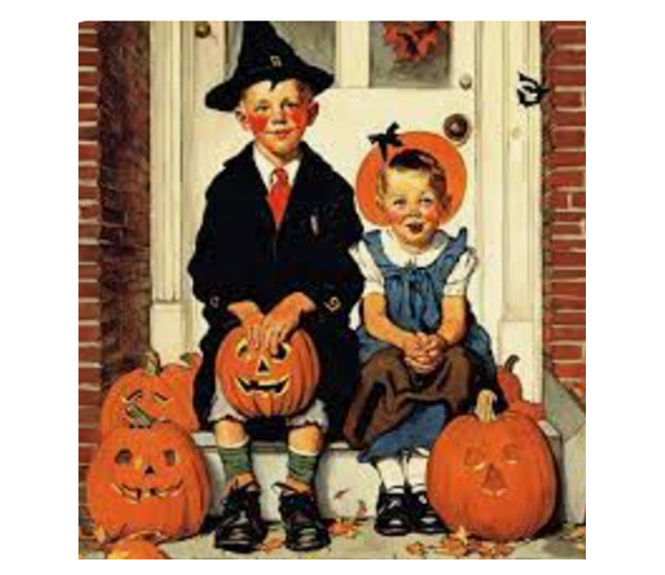 kids on porch with pumpkins